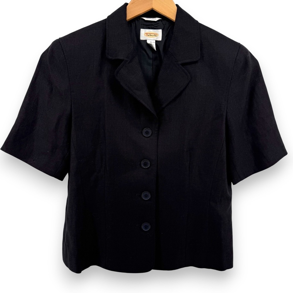 Talbots Black Short Sleeve Blazer Jacket Women Size 6 Linen Blend Professional - Picture 2 of 5